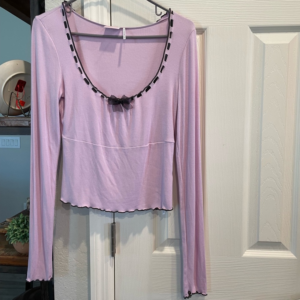 Urban Outfitters out from under lilac long sleeve top with black ribbon accent L